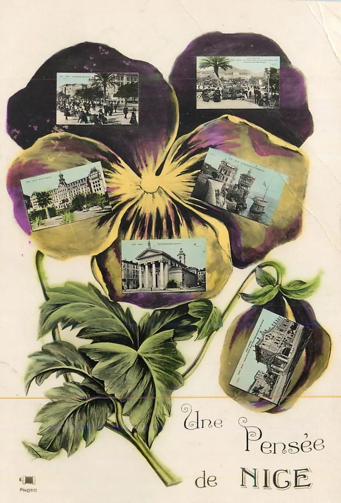 Une Pensée de NICE — carte postale décorative avec collage de vues de la ville dans une fleur de pensée - Recto