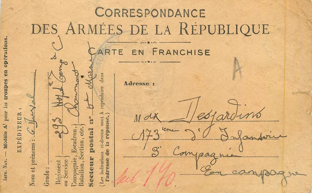 Correspondência das Forças Armadas da República — Carta em franquia — Expedidor: G. Jourdain, 295º Esquadrão, 173º de Infantaria, 3º Companhia, em campanha - Frente