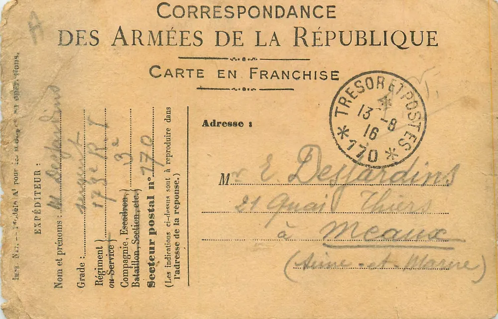 Correspondance des Armées de la République — Carte en franchise — Secteur postal n°170 — Tresor et Postes 13-8-16 - Recto