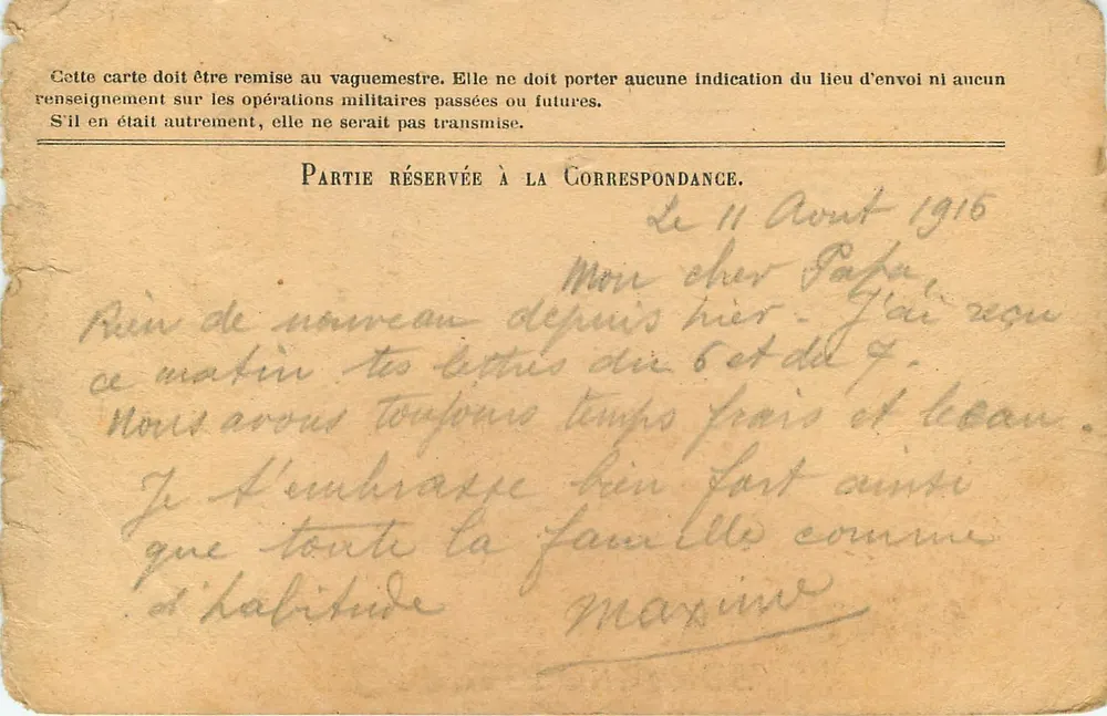 Correspondance des Armées de la République — Carte en franchise — Secteur postal n°170 — Tresor et Postes 13-8-16 - Verso