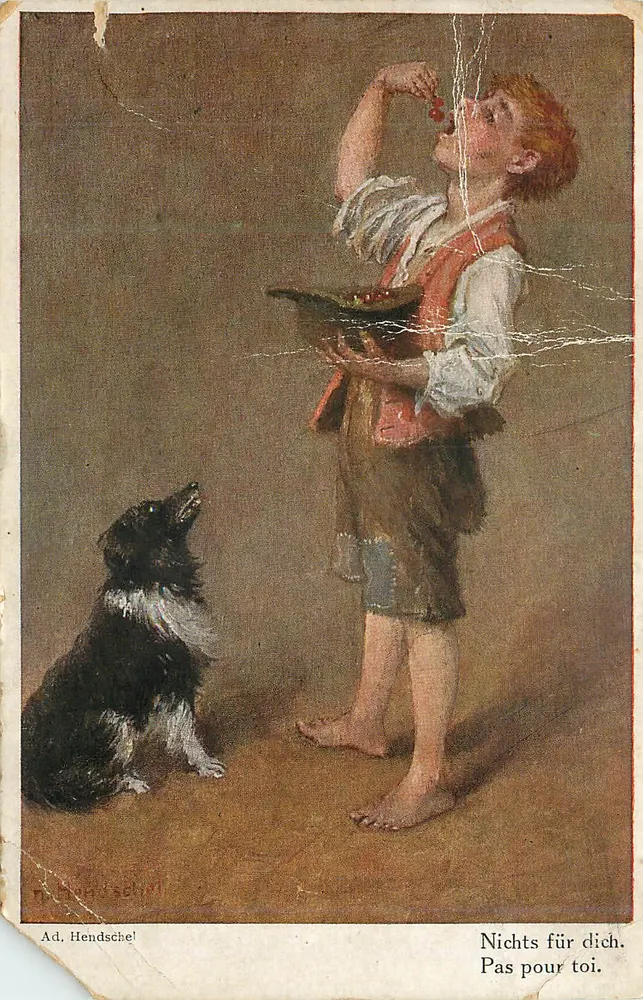 Kind und Hund — humorvolle Szene — Ad. Hendschel, Galerie Münchner Meister, N° 521 - Vorderseite
