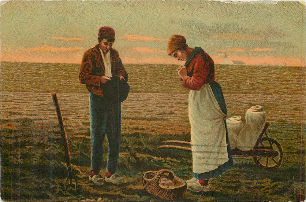 Chłopiec i chłopka na polu — scena życia wiejskiego — C. Wydawca, Paryż, nr 18 - Awers