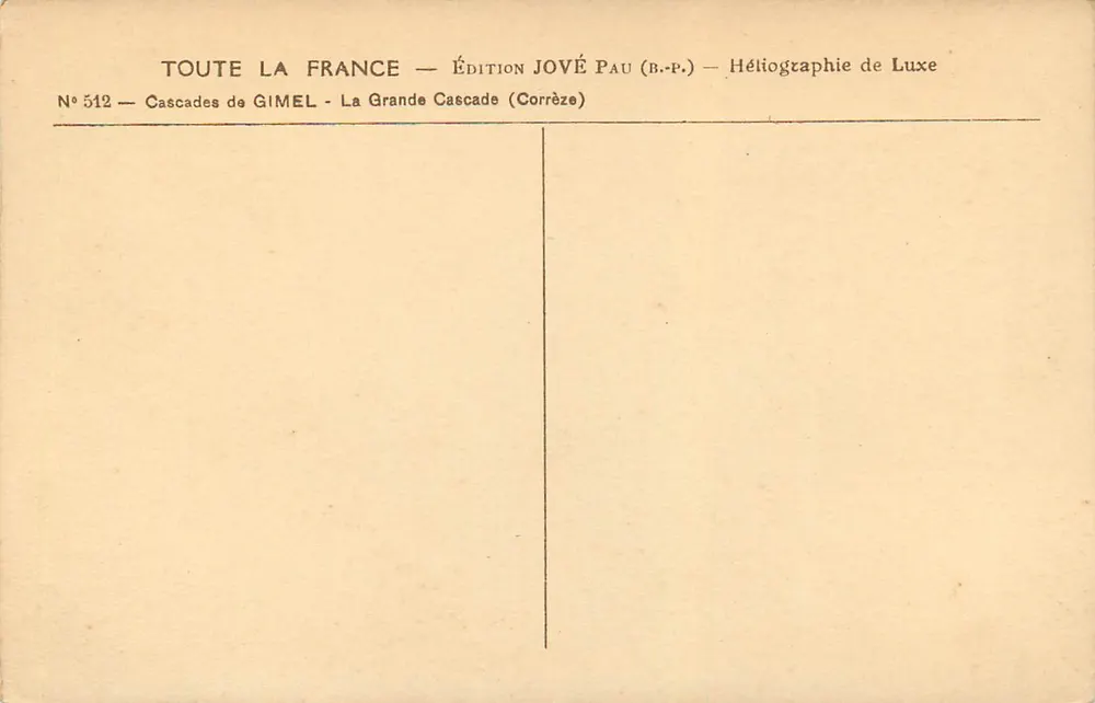 De Grote Waterval van Gimel — La Grande Cascata (Corrèze) — Uitgave Jové Pau (B.P.P.) - Achterkant