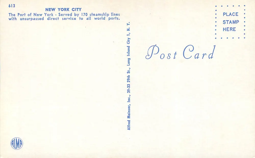 New York City — Ansicht des Hafens von einem Schiff — Verlag Alfred Mainzzer, Inc., Nr. 613 - Rückseite