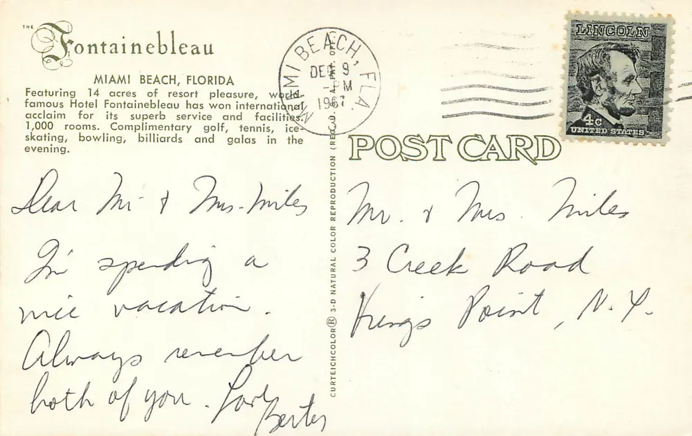 Hotel Fontainebleau — Miami Beach, Flórida — Curteich - Verso
