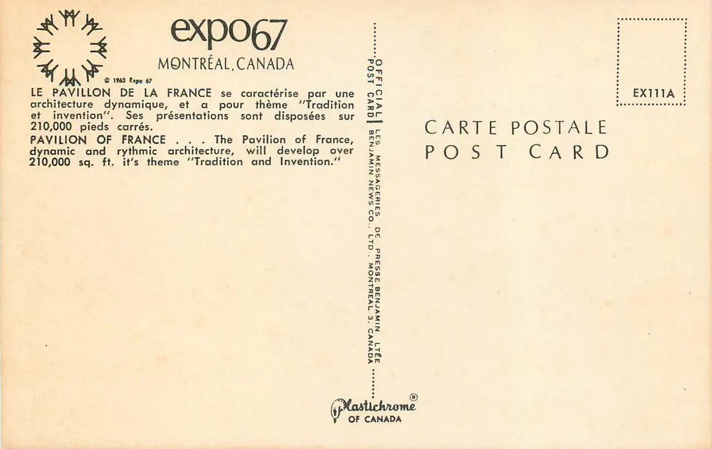 Pavillon Frankreich — Expo 67 — Verlag Benjamin News Co. Ltd. - Rückseite