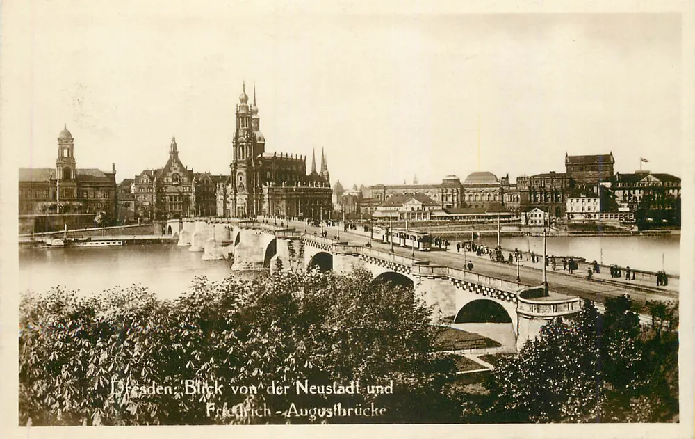 Dresda — vista della Neustadt e del ponte Friedrich-August — Verlag Wilh. Steinh. No 706 - Recto