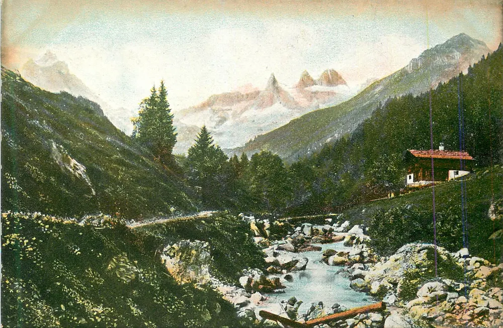 Vale alpina — chalé e rio — T. E. L. Série 858 Alpenlandschaften - Frente