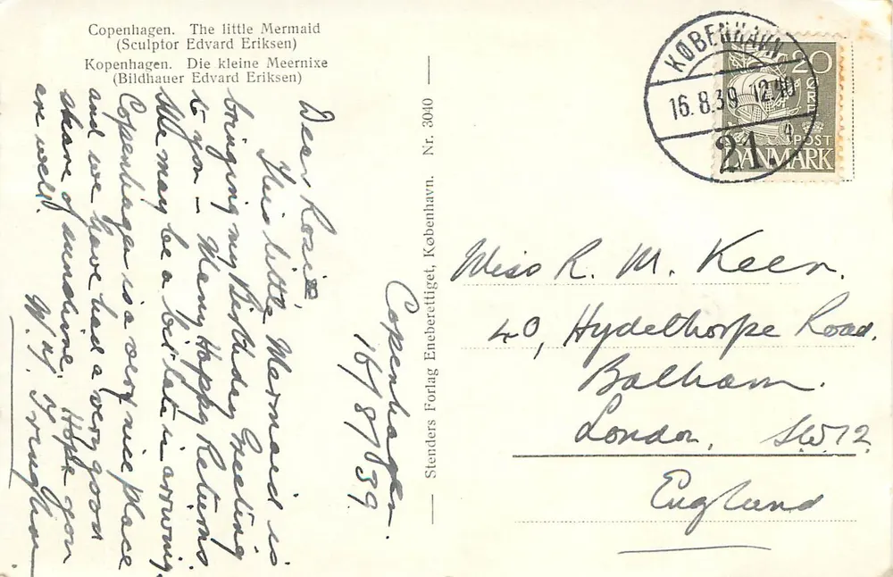 Kopenhagen. Die kleine Meerjungfrau — Bildhauer Edvard Eriksen — Stenders Forlag, n° 3040 - Rückseite