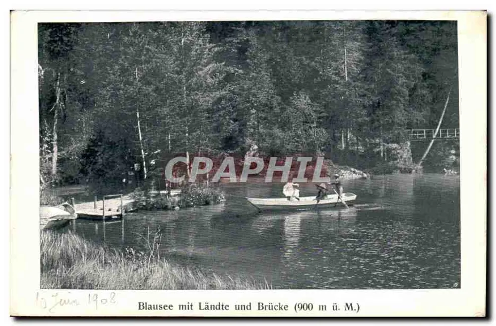 Blausee com Ländte e ponte (900 m acima do nível do mar) — vista lacustre com embarcação e ponte — editor Neukamm & Zimmermann, Kors. 1908 - Frente