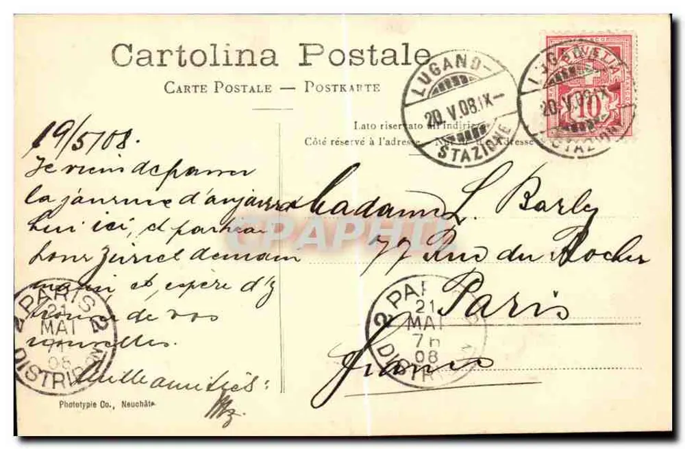 Lugano - Villa Castagnola — editor Phototypie Co., Nauchâtre, n° de serie 10433 - Reverso