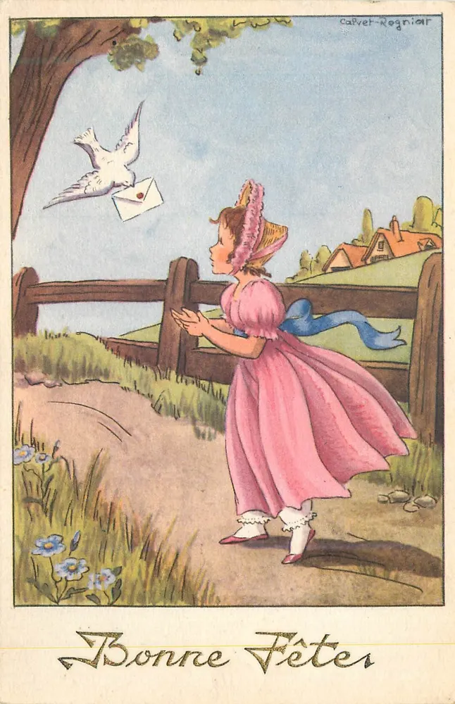 Menina em vestido rosa olhando para uma pomba carregando uma carta — Carvet-Rogniar — Éditions Univers, N° 113 - Frente