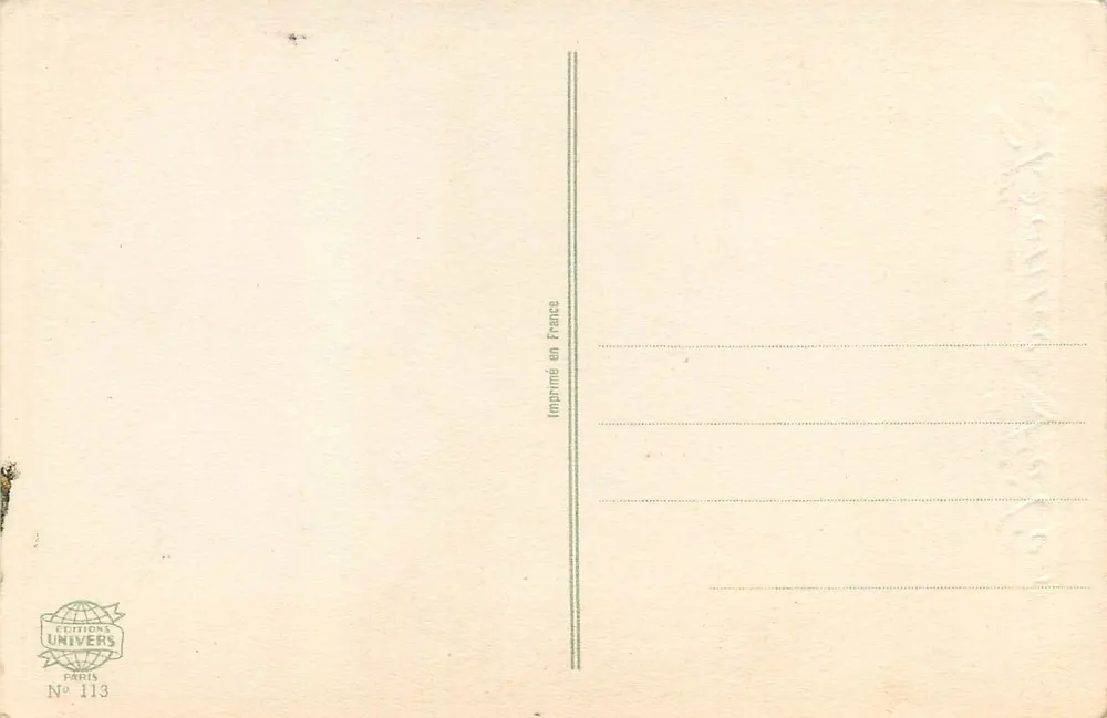 Menina em vestido rosa olhando para uma pomba carregando uma carta — Carvet-Rogniar — Éditions Univers, N° 113 - Verso