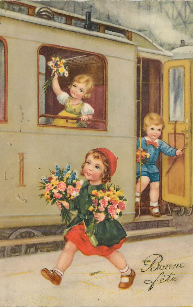 Crianças perto de um trem — Feliz aniversário — editor sem marca visível - Frente