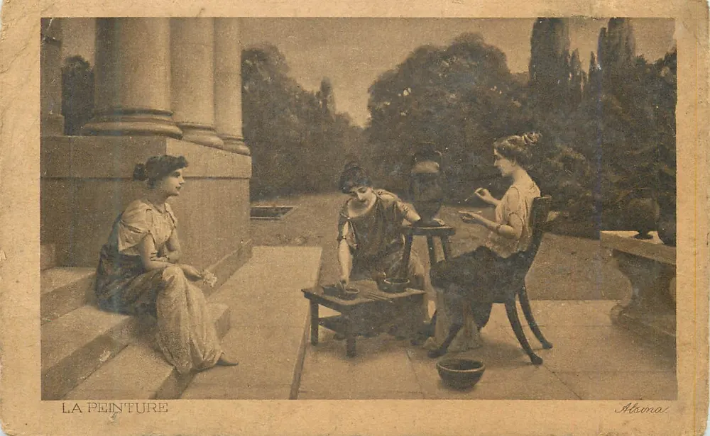 Trois femmes en tenue antique — scène de jardin avec colonnes — éditeur Alsena - Frente
