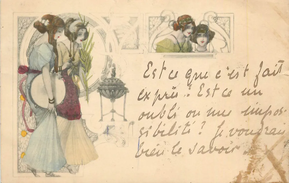Twee vrouwen in tijdperk kleding — illustratie Art Nouveau — uitgever niet geïdentificeerd - Voorkant