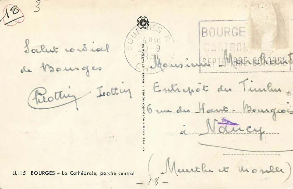 Bourges - A Catedral, portal central — LL.15 — Editor: Les Arts Photomécaniques, Paris - Verso