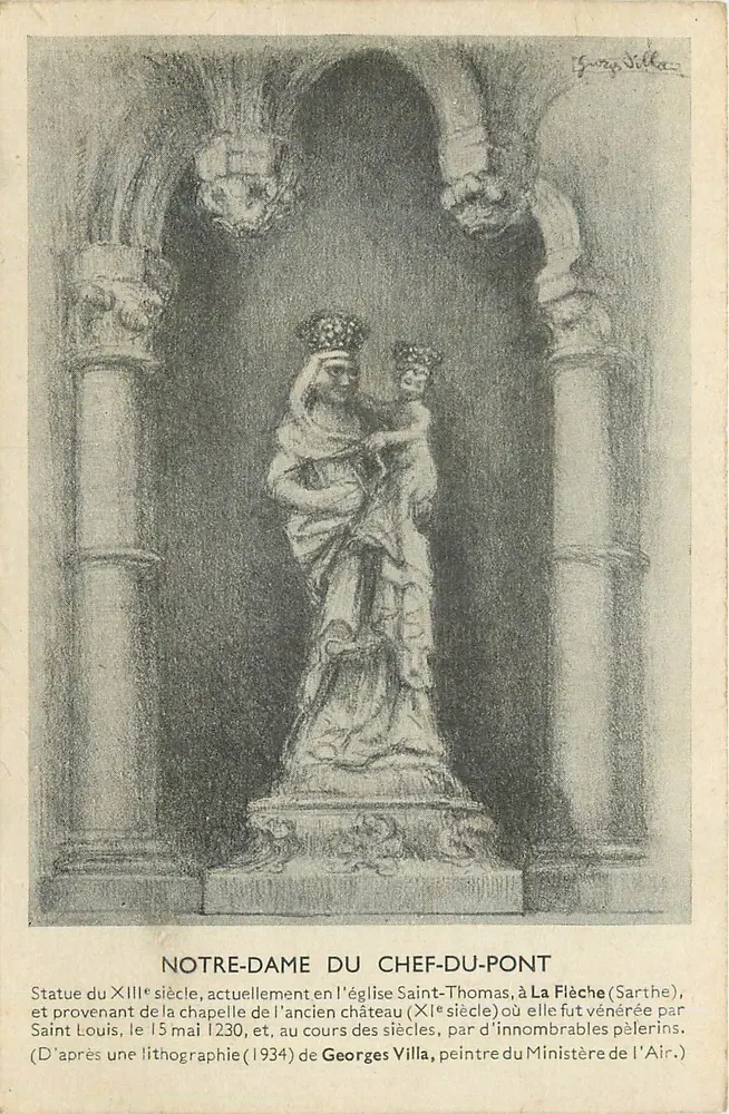 Notre-Dame von Chef-du-Pont — Statue des 13. Jahrhunderts, Kirche Saint-Thomas, La Flèche (Sarthe) — Lithografie von Georges Villa (1934) - Vorderseite