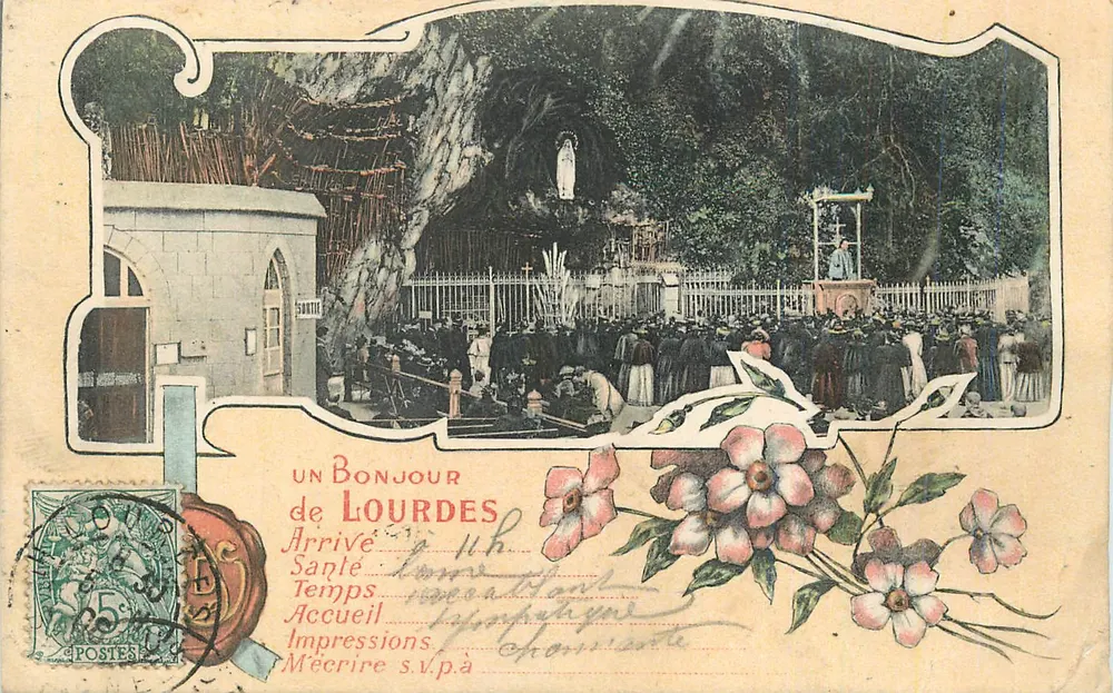 Lourdes — Vue de la grotte et des pèlerins — Viron, phot.-édit. Lourdes - Recto