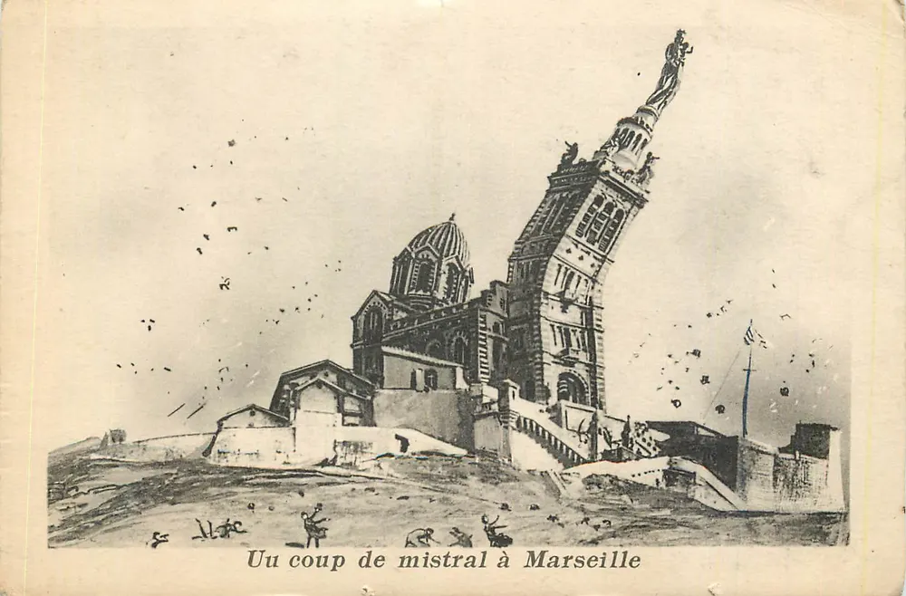 Um vento forte em Marselha — ilustração humorística — Edição « La Cigogne », Marselha - Frente