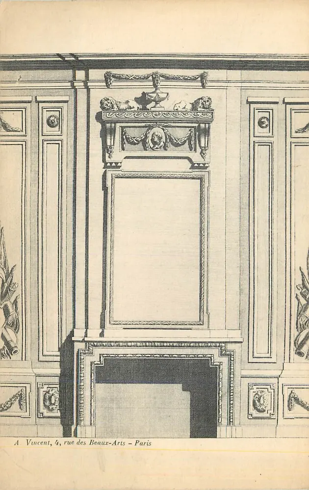 Cheminée décorative — intérieur d'un salon — A Vincent, 4, rue des Beaux-Arts – Paris - Recto