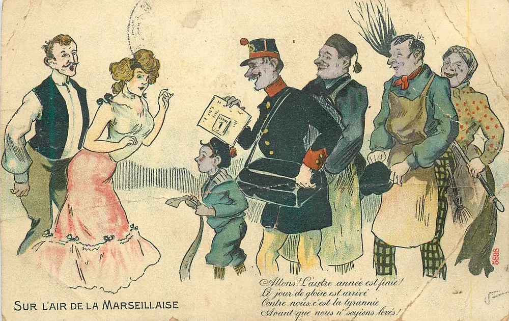 No ar da Marselhesa — caricatura festiva com soldados e civis — editor G.B. n°5685 - Frente