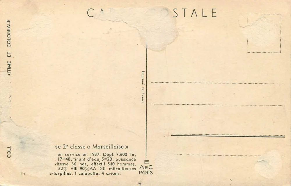 Croiseur de 2e classe « Marseillaise » — en service en 1937 — éditeur C.A. STALE - Verso