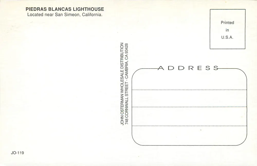 Leuchtturm von Piedras Blancas — gelegen nahe San Simeon, Kalifornien — Verlag John Osterman Wholesale Distribution, Nr. JO-119 - Rückseite