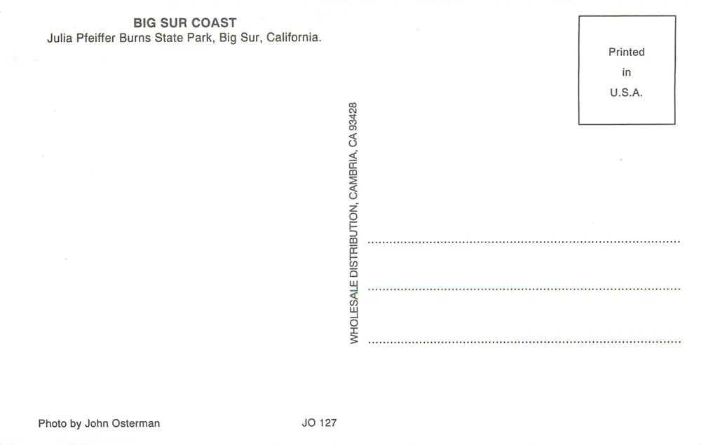 Big Sur Coast — Julia Pfeiffer Burns State Park, Big Sur, Kalifornien — Foto von John Osterman, Ausgabe JO 127 - Rückseite