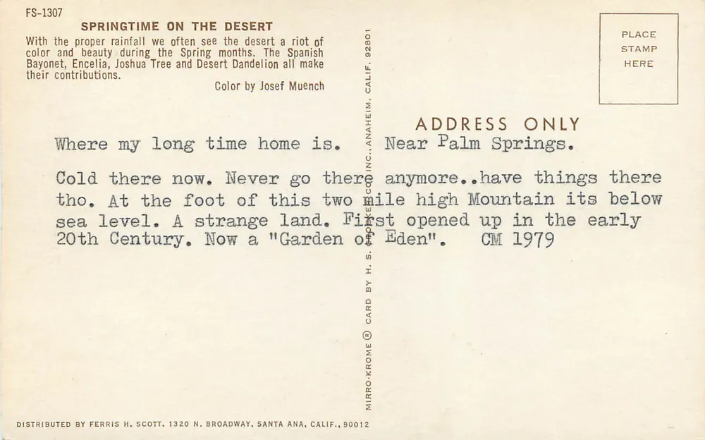 Palm Springs — Springtime on the Desert — H.S. Mirro-Krome Co. Inc. - Verso