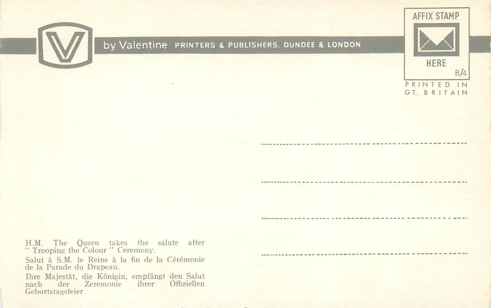 H.M. Die Königin bei « Trooping the Colour » — London — Valentine Printers & Publishers - Rückseite