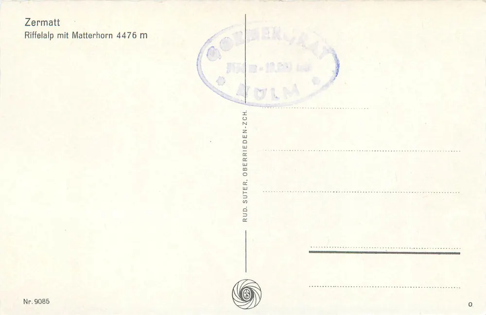 Zermatt — Riffelalp com o Matterhorn 4476 m — Rudolf Suter, n° 9085 - Verso