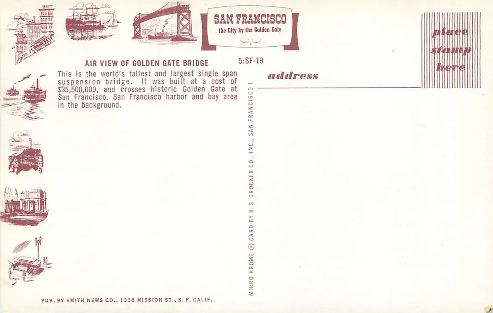 Golden Gate Bridge — Luftaufnahme — San Francisco, H.S. Crocker Co. Inc. n°5:SF-19 - Rückseite