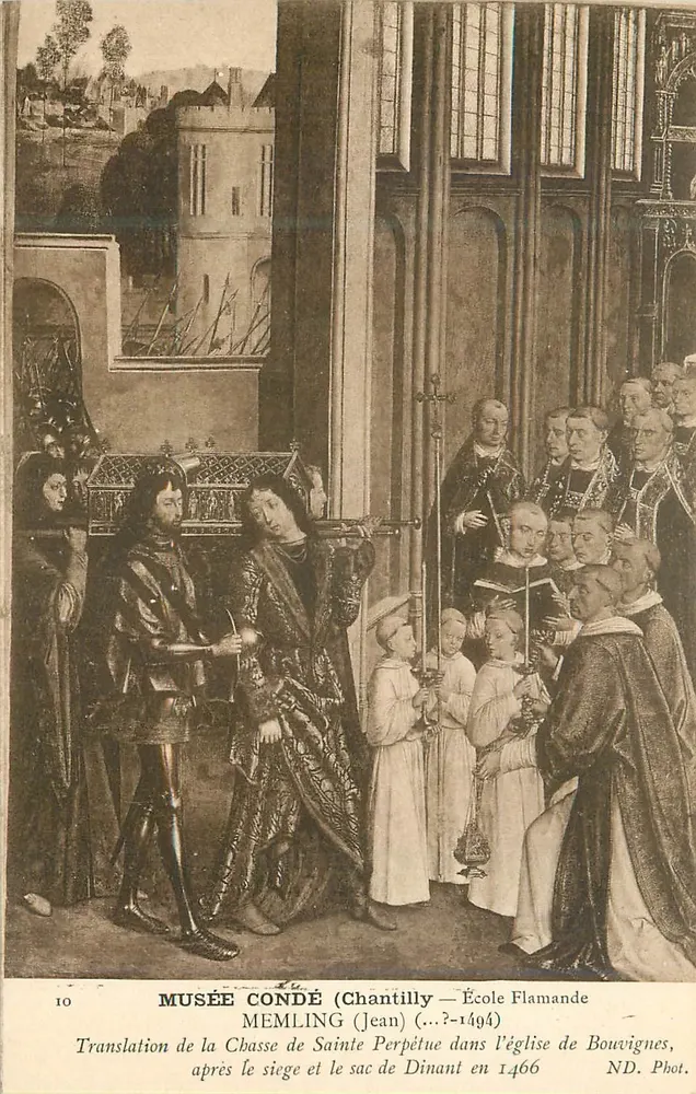 Translation de la Chasse de Sainte Perpétue dans l'église de Bouvignes — Musée Condé (Chantilly) — École Flamande — Memling (Jean) (...?-1494) - Recto