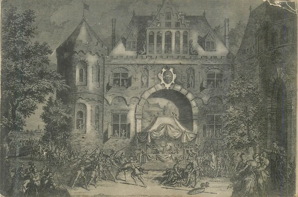 Cena histórica diante de um castelo — gravura — editor não identificado - Frente