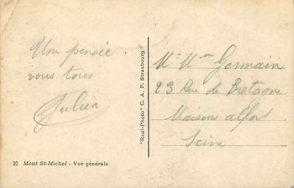 Mont-Saint-Michel — Vista geral — Real-Photo C. A. P. Strasbourg n°20 - Verso