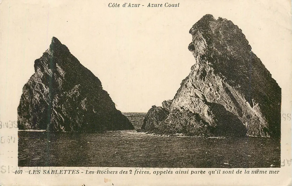 Les Sablettes - Les Rochers des 2 frères, appelés ainsi parce qu'il sont de la même mer — Éditeur Jean Aicard, n° 407 - Recto