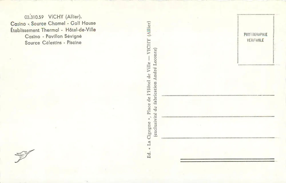 Vichy — Thermalbad und Freizeitort — Verlag: La Cigogne, Vichy - Rückseite
