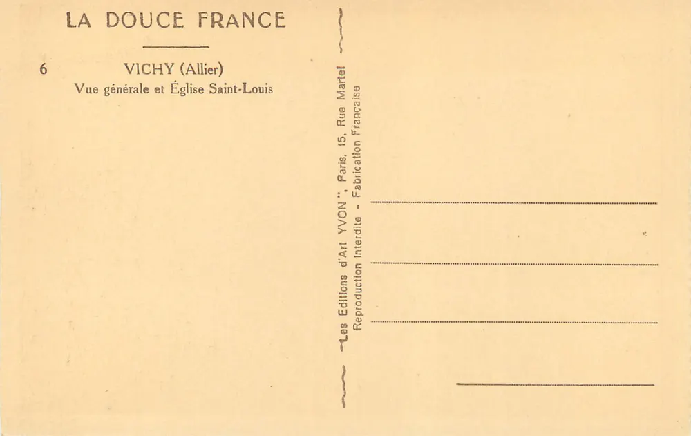 Vichy (Allier) — Vue générale et Église Saint-Louis — Éditions d'Art Yvon - Verso