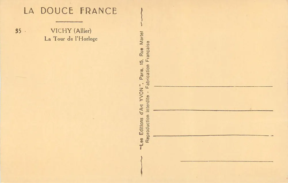 Vichy (Allier) — La Tour de l'Horloge — Éditions d'Art YVON - Verso