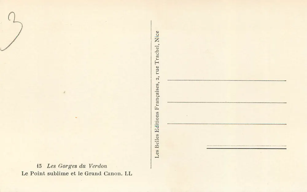 Les Gorges du Verdon — Le Point sublime et le Grand Canon — Éditions Les Belles Éditions, Nice, rue Françaises, 2 - Verso