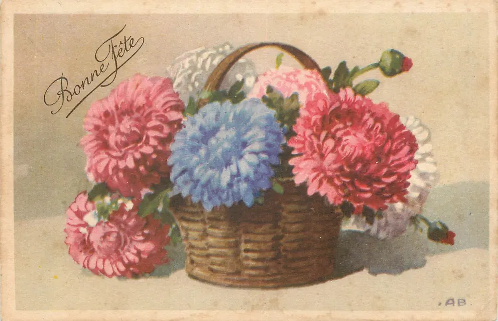 Arranjo de flores — cesta de crisântemos rosa e azuis — editor Erol, n° 45-124 - Frente