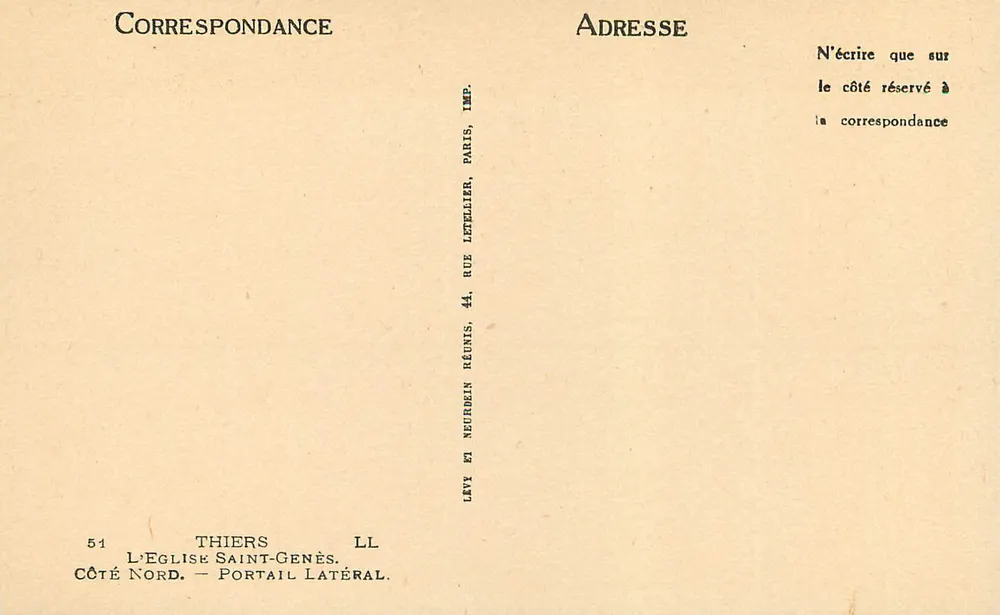 Kirche Saint-Genès — Seitenportal — Lévy & Neurdein Réunis, Druck Paris - Rückseite