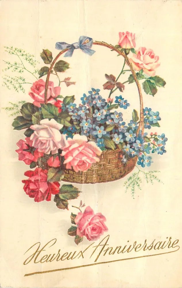 Bouquet de roses et de fleurs bleues — Anniversaire — Imprimé en France, Série 501 - Recto