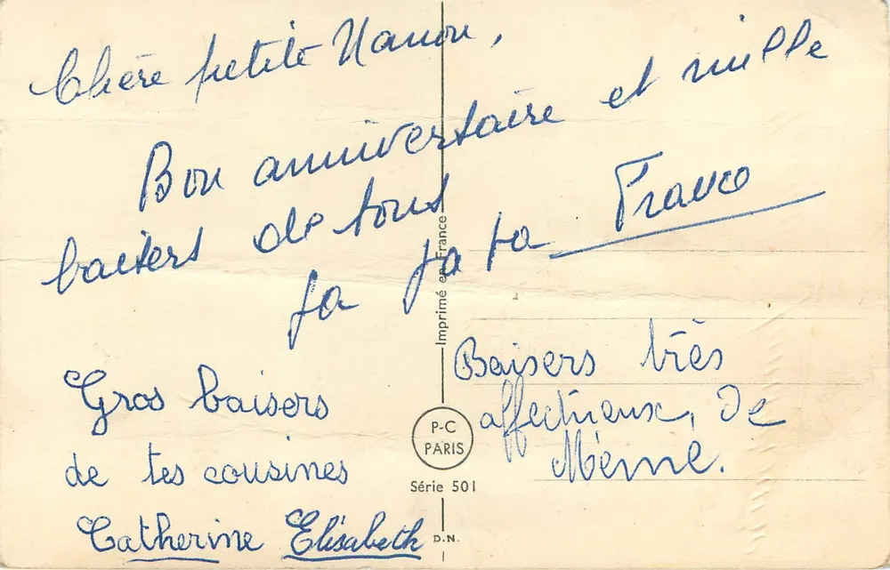Bouquet de roses et de fleurs bleues — Anniversaire — Imprimé en France, Série 501 - Verso