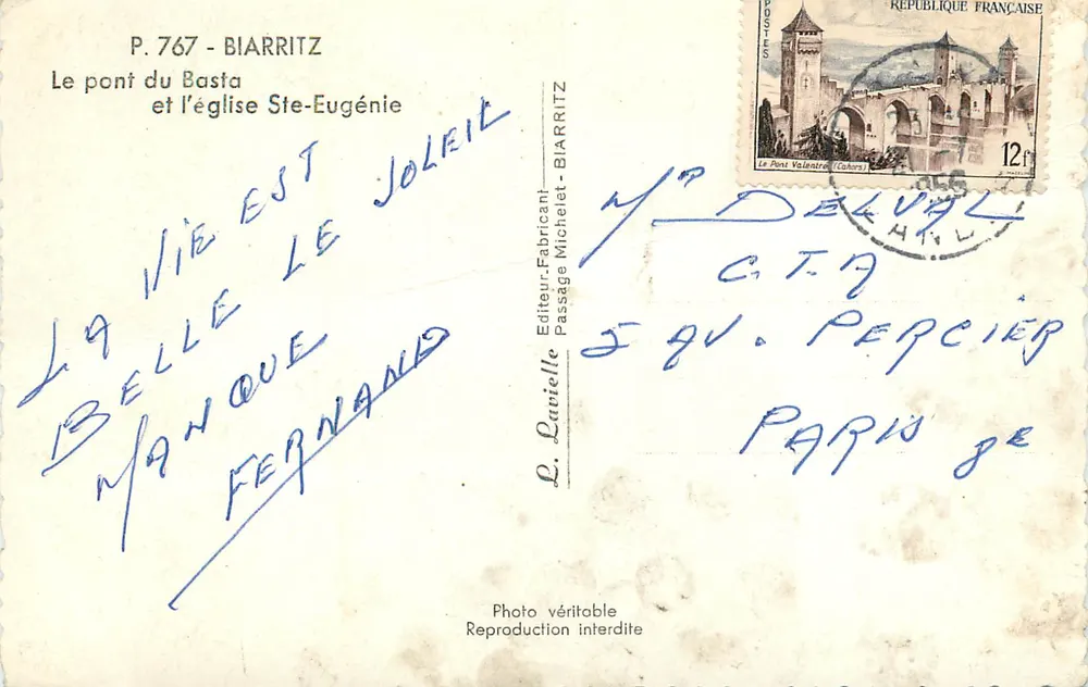 Biarritz — Pont du Bastia et église Sainte-Eugénie — L. Laviolle, P. 767 - Verso