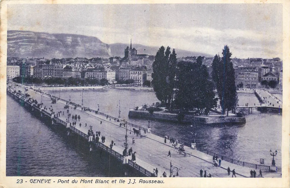 Genf - Brücke Mont Blanc und Insel J.J. Rousseau - Vorderseite