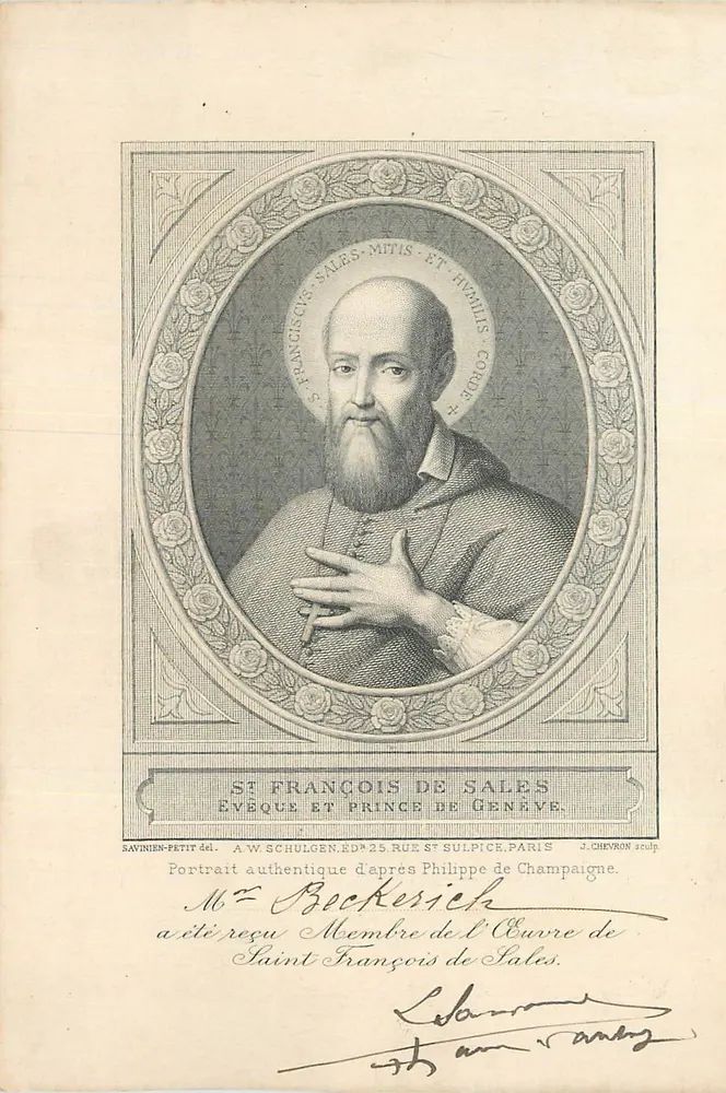 Heiliger Franz von Sales — Bischof und Fürst von Genf — Authentisches Portrait nach Philippe de Champaigne — J. Chevron, Bildhauer — A. W. Schulgen, Verlag, 25 rue St-Sulpice, Paris - Vorderseite