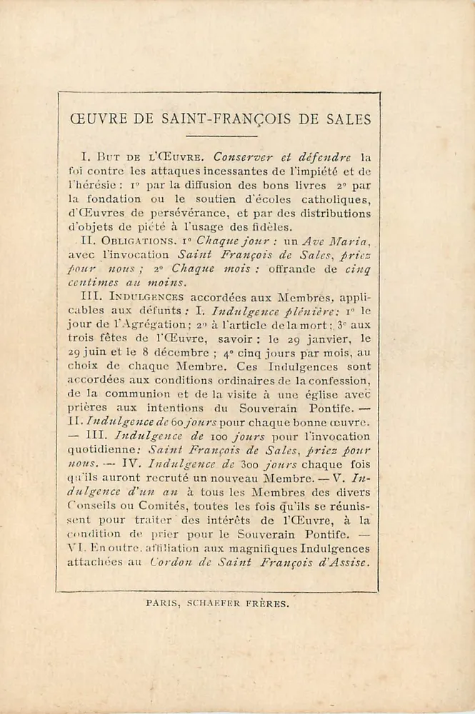 Heiliger Franz von Sales — Bischof und Fürst von Genf — Authentisches Portrait nach Philippe de Champaigne — J. Chevron, Bildhauer — A. W. Schulgen, Verlag, 25 rue St-Sulpice, Paris - Rückseite