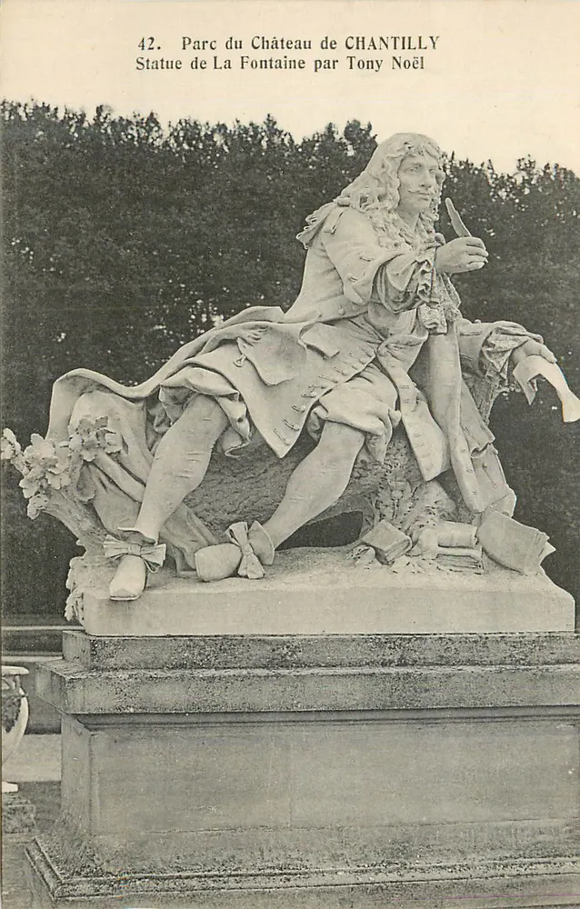 Statue von La Fontaine im Park des Schlosses Chantilly — von Tony Noël — Verlag Héliotypie Bourdier et Faucheux, Versailles - Vorderseite